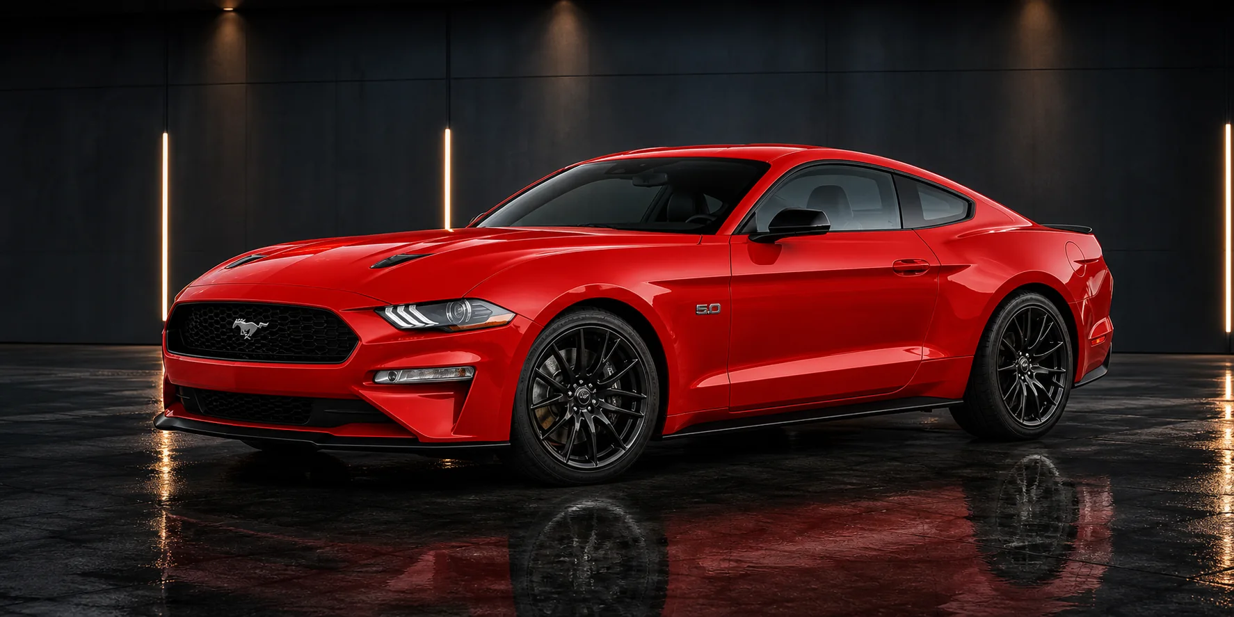 Complete glossy red Ford Mustang with sport wheels after premium detailing